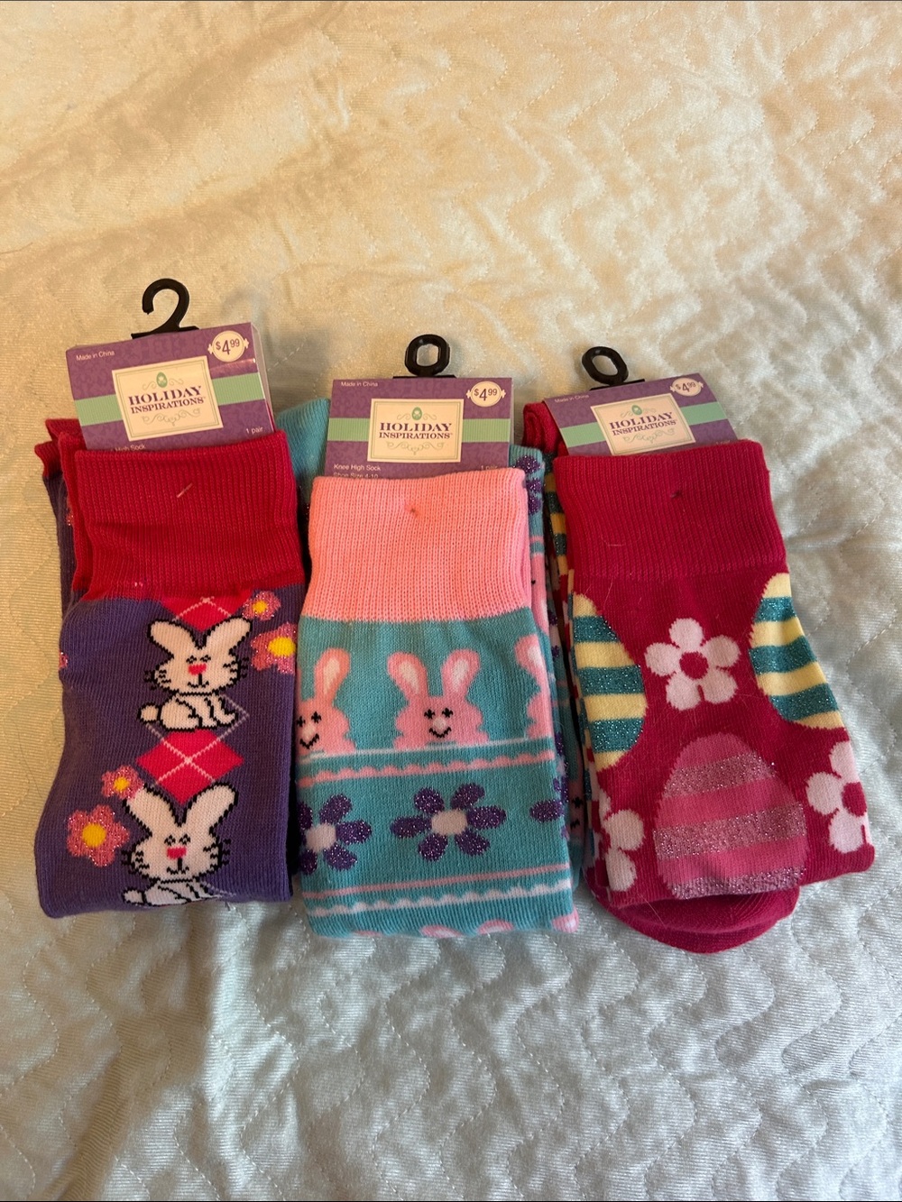 Holiday Inspirations Girls' Bunny & Floral Crew Socks - Pink, Teal, Purple